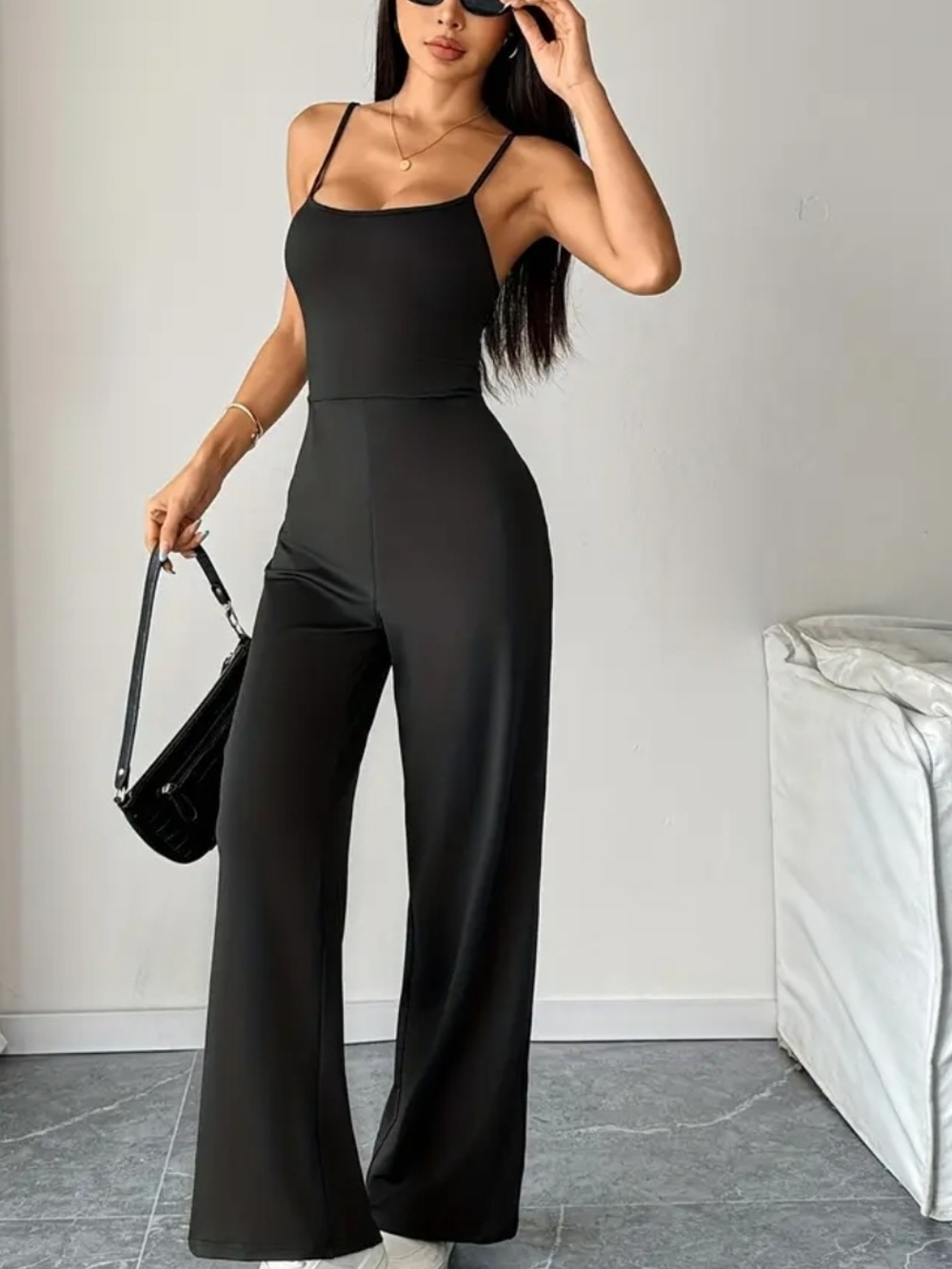 Women's Black Wide-Leg Jumpsuit with Spaghetti Straps